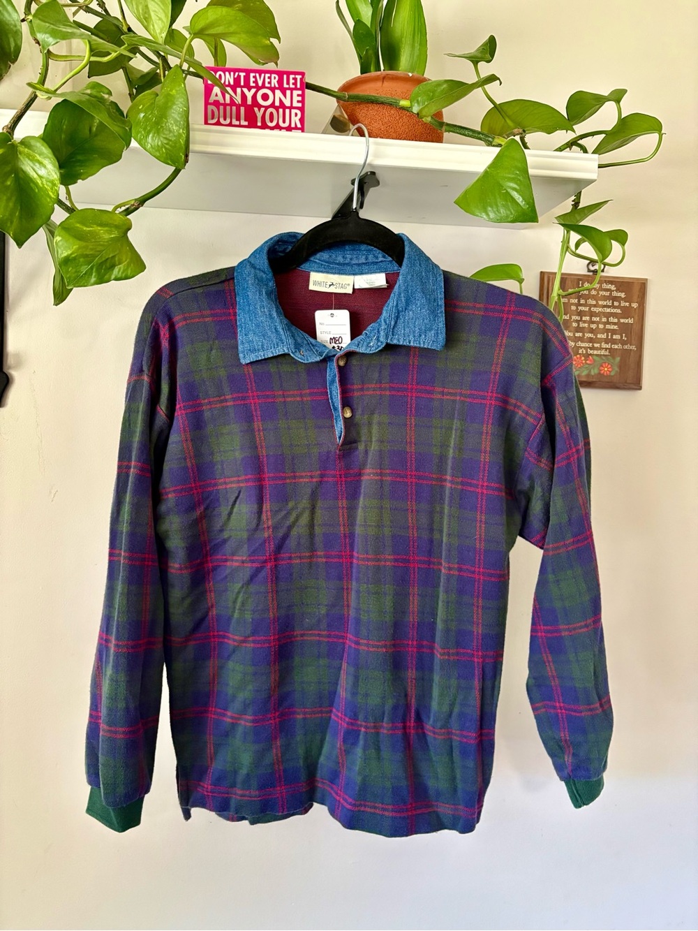 White Stag Green & Pink Plaid Crewneck with Denim Collar